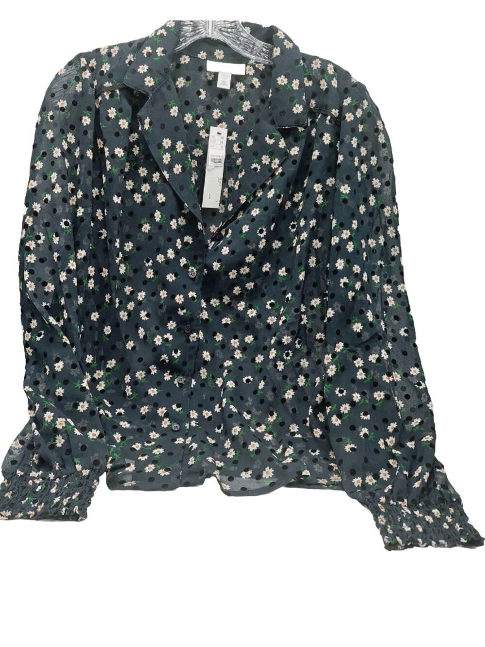 Topshop Blouse Women’s Size 10 Daisy Print Black Sheer Fabric Long Sleeve NWT